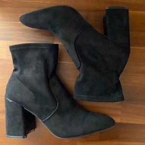 NWOT Black Faux Suede Sock Boots with chunky heel